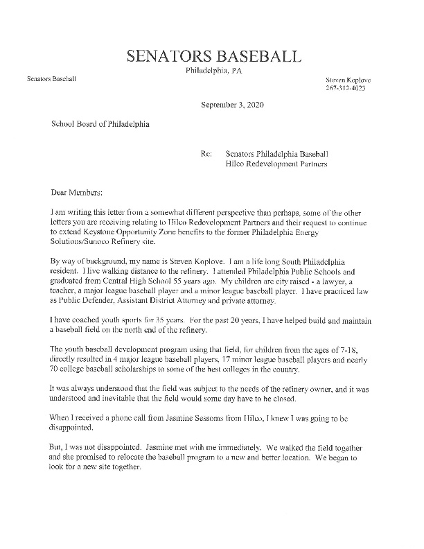 Letter from Philadelphia Senators baseball representative