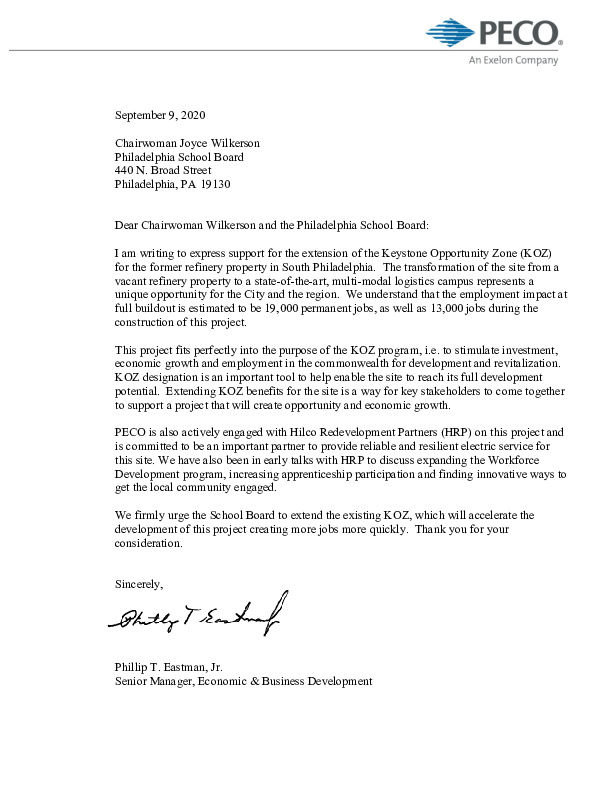 Letter from representative of PECO