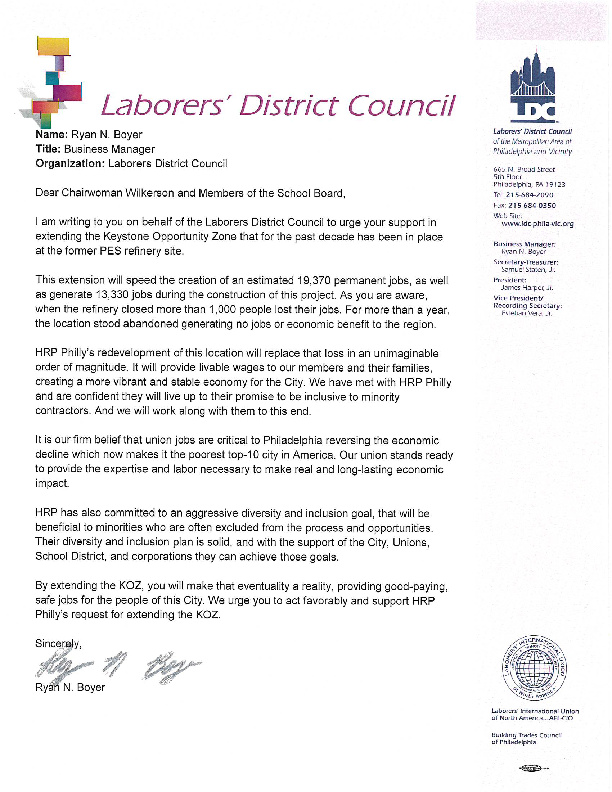 Letter from representative of the Laborers' District Council