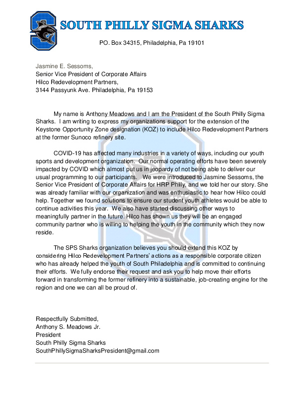 Letter from President of South Philly Sigma Sharks