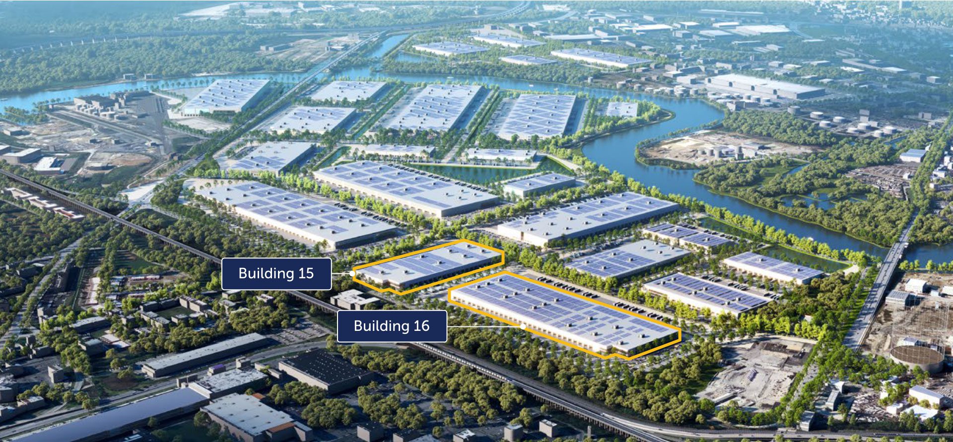 Rendering highlighting buildings 15 and 16 of industrial campus