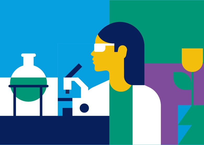 Colorful artistic graphic of female scientist in a lab