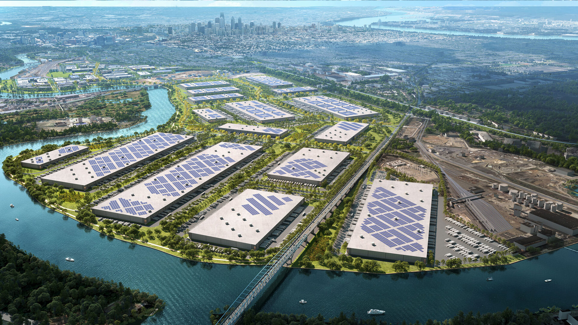 Aerial view of The Bellweather District's industrial campus