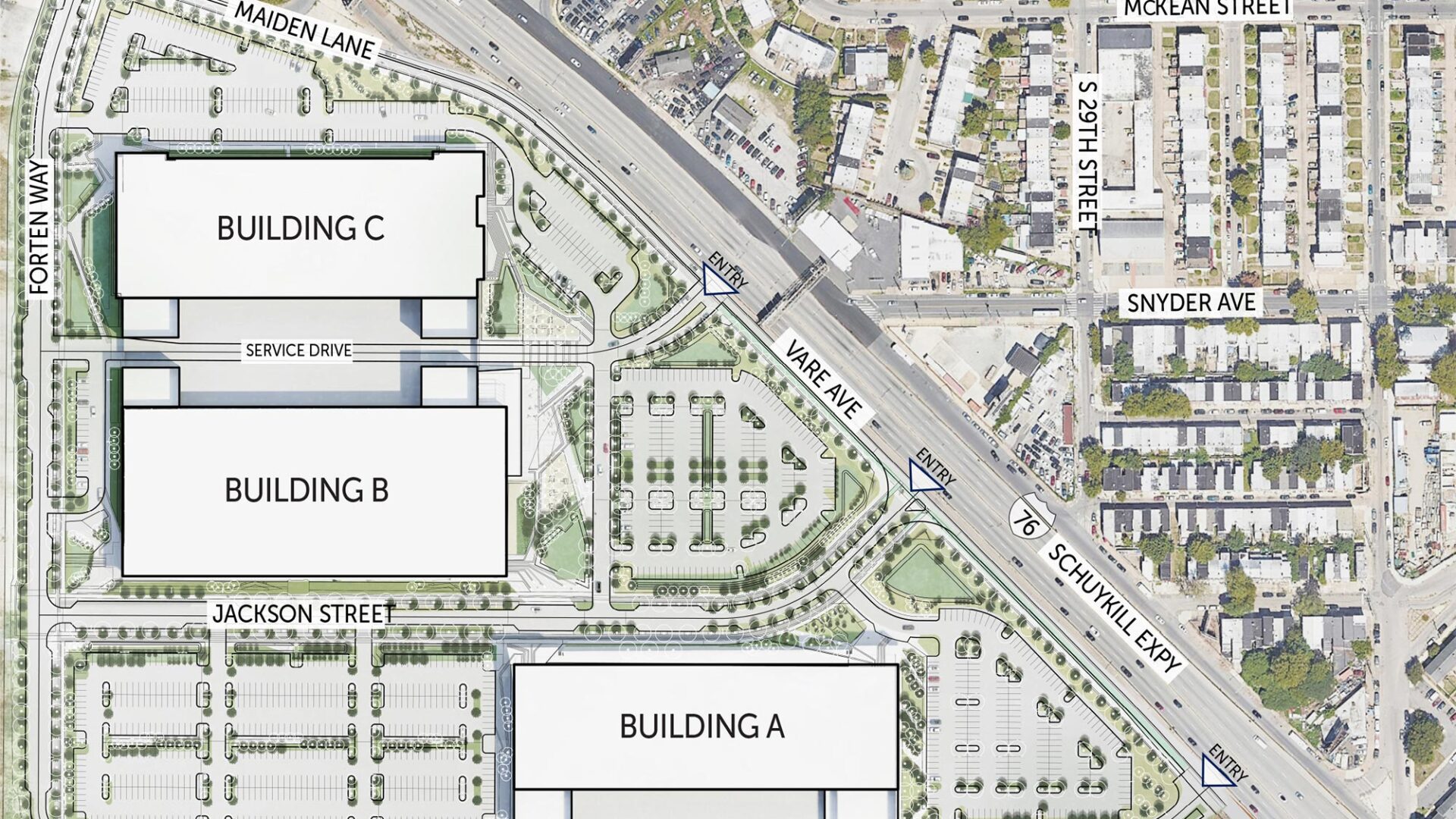 Map graphic showing 3 buildings of innovation campus